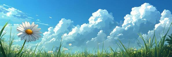 A vibrant daisy in a lush green field under a clear blue sky with fluffy clouds during daylight photo