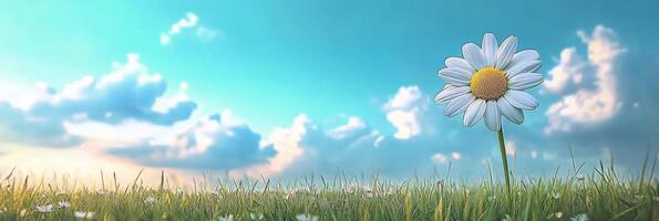 A vibrant daisy in a lush green field under a clear blue sky with fluffy clouds during daylight photo