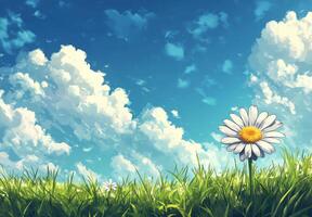 Bright meadow with blooming daisies under a clear blue sky filled with fluffy clouds photo