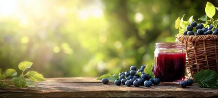 Sunset view of a basket filled with fresh grapes and a glass of grape juice on a wooden table photo