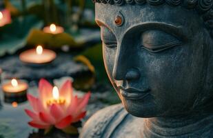 Calm Buddha statue positioned by a lotus flower beside a serene pond during twilight photo