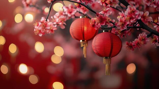 Red lanterns hanging among cherry blossom branches in a festive setting with warm lights photo