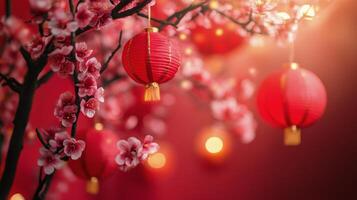 Red lanterns hanging among cherry blossom branches in a festive setting with warm lights photo