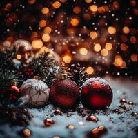 Christmas ornaments resting in the snow with warm lights glowing in the background at night photo