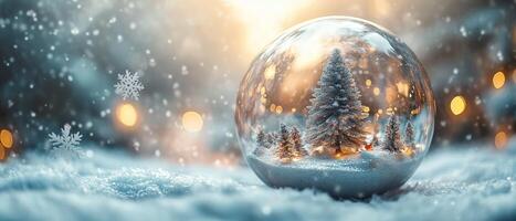A snowy scene featuring a Christmas tree inside a glass globe with a soft warm glow photo