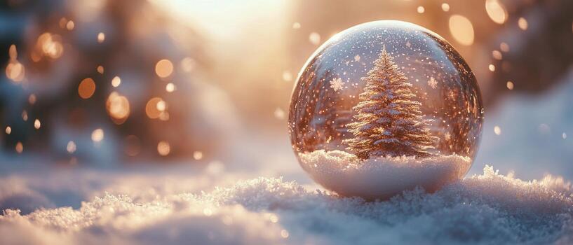 A snowy scene featuring a Christmas tree inside a glass globe with a soft warm glow photo