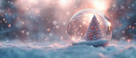 A snowy scene featuring a Christmas tree inside a glass globe with a soft warm glow photo