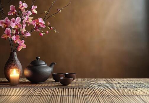 A serene tea setting with orchids, candlelight, and traditional pottery in a cozy indoor space photo