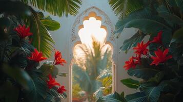 Bright red flowers frame an architectural archway with palm trees in the background during sunset photo