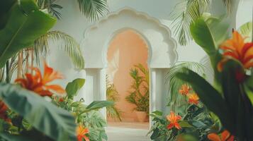 Bright red flowers frame an architectural archway with palm trees in the background during sunset photo