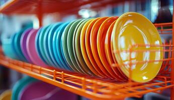 Colorful bowls stacked neatly on an orange shelf in a bright kitchen setting photo