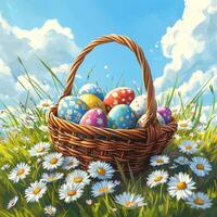 A colorful basket of decorative eggs rests on a meadow filled with daisies under a bright sky photo