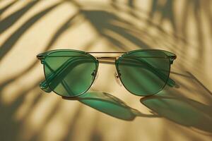 Stylish green sunglasses on a warm background with shadow patterns at midday photo
