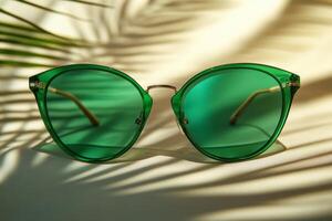 Stylish green sunglasses on a warm background with shadow patterns at midday photo