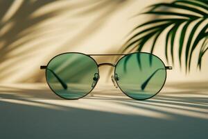 Stylish green sunglasses on a warm background with shadow patterns at midday photo