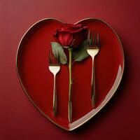 A romantic heart shaped plate with a rose and utensils for a special dinner setting photo
