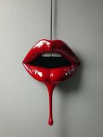 Red lip shaped ornament hanging from a branch with a striking design featuring open mouth photo