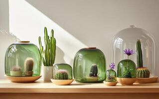 A serene arrangement of pastel vases with cacti and flowers on a wooden shelf in natural light photo
