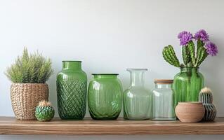 A serene arrangement of pastel vases with cacti and flowers on a wooden shelf in natural light photo