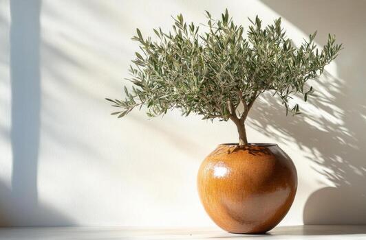 Olive tree in a simple ceramic pot, casting shadows on a bright wall during the afternoon photo