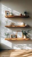 Elegant wooden shelves displaying ceramic vases and decorative items in a minimalistic interior photo
