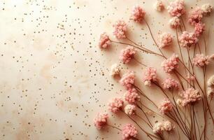 Delicate pink flowers with gold confetti on a soft beige background during daylight photo