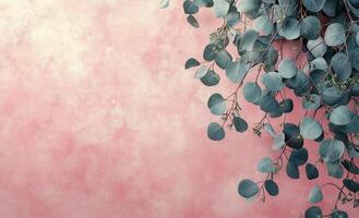 Eucalyptus leaves arranged on a textured coral background for a nature inspired aesthetic photo