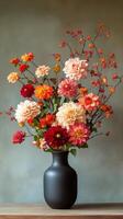 A simple vase with colorful flowers on a wooden table against a textured wall photo