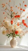A simple vase with colorful flowers on a wooden table against a textured wall photo