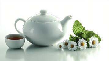 A tranquil tea setup with a teapot, cup, and fresh daisies arranged in a peaceful setting photo