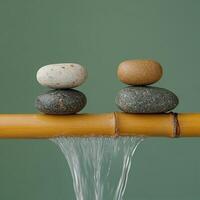Three carefully balanced stones on a bamboo mat above rippling water in a serene outdoor setting photo