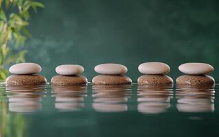 A tranquil stone arrangement in a serene indoor water setting with a green textured background photo