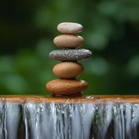 Three carefully balanced stones on a bamboo mat above rippling water in a serene outdoor setting photo
