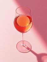 A glass of sparkling pink beverage on a light pink surface during bright daylight photo