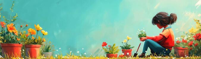 A young girl tending to colorful flowers in pots during a sunny day in a vibrant garden photo