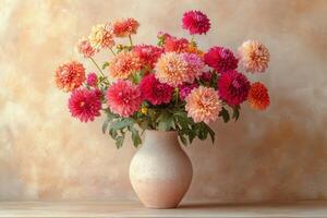 A vibrant arrangement of colorful dahlias in a simple vase on a textured background photo