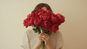 A woman holding a bouquet of vibrant red peonies in front of her face against a light background photo