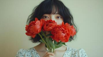 A woman holding a bouquet of vibrant red peonies in front of her face against a light background photo