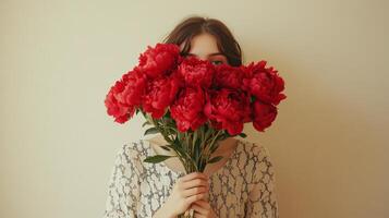 A woman holding a bouquet of vibrant red peonies in front of her face against a light background photo