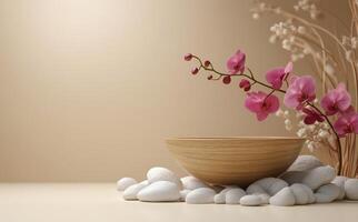 Elegant orchid arrangement in a wooden bowl on smooth stones with a serene backdrop photo