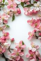 Delicate pink apple blossoms arranged elegantly around a blank canvas in natural light photo