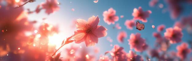 Vibrant wildflowers in a tranquil meadow illuminated by soft sunlight during early morning photo