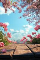 Colorful pink flowers bloom beside a wooden pathway under a bright blue sky during springtime photo
