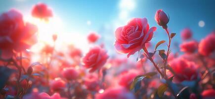 A vibrant garden filled with blooming pink roses under a clear blue sky during daylight photo