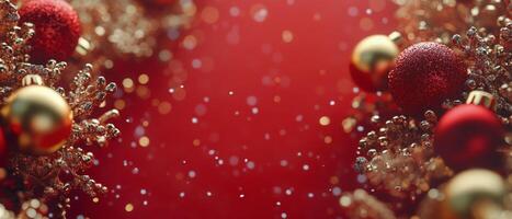 Festive red background adorned with ornaments and pine cones for holiday celebrations photo