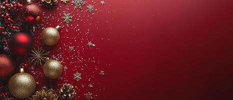 Festive red background adorned with ornaments and pine cones for holiday celebrations photo
