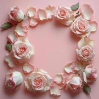 Elegant pink roses and petals arranged in a floral border on a soft pink background photo