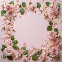 Elegant pink roses and petals arranged in a floral border on a soft pink background photo