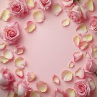 Elegant pink roses and petals arranged in a floral border on a soft pink background photo