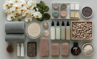 Elegant white orchids and spa products arranged on a soft blue surface for relaxation and beauty photo